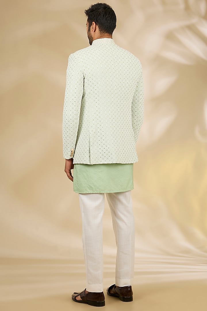 Green Art Silk Thread Embroidered Wedding Bandhgala Set by Manish Nagdeo Men at Pernia's Pop Up Shop