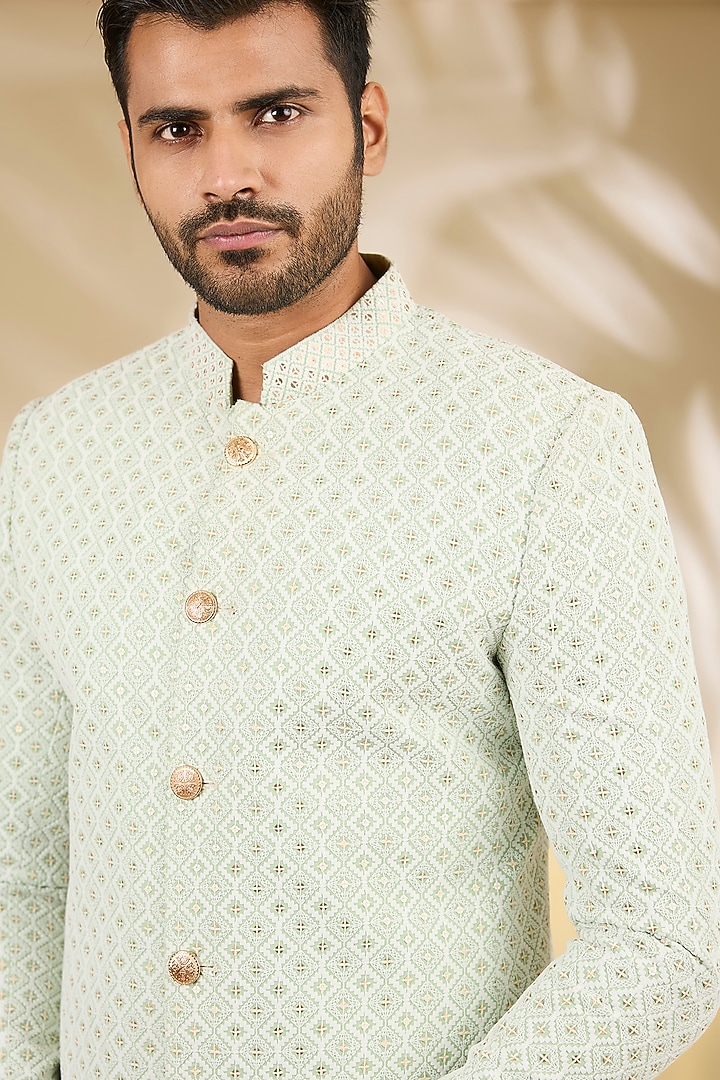 Green Art Silk Thread Embroidered Wedding Bandhgala Set by Manish Nagdeo Men at Pernia's Pop Up Shop