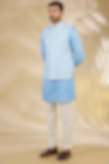 Blue Cotton Silk Printed & Machine Embroidered Bundi Jacket Set by Manish Nagdeo Men at Pernia's Pop Up Shop