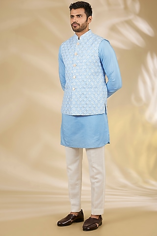 Blue Cotton Silk Printed & Machine Embroidered Bundi Jacket Set by Manish Nagdeo Men