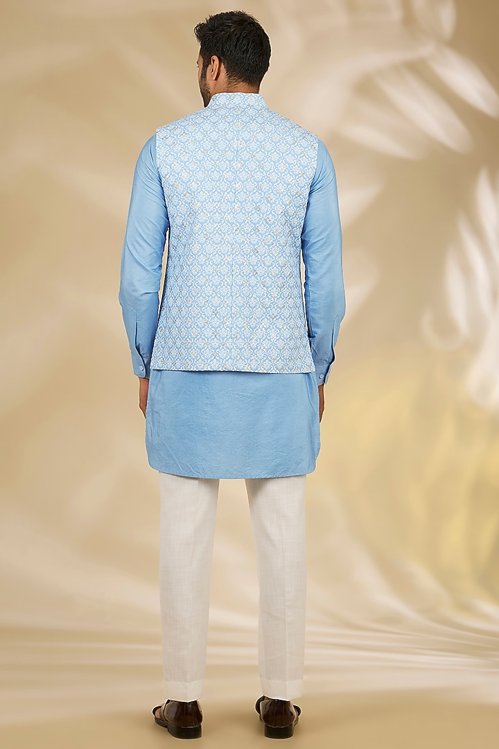 Blue Cotton Silk Printed & Machine Embroidered Bundi Jacket Set by Manish Nagdeo Men at Pernia's Pop Up Shop