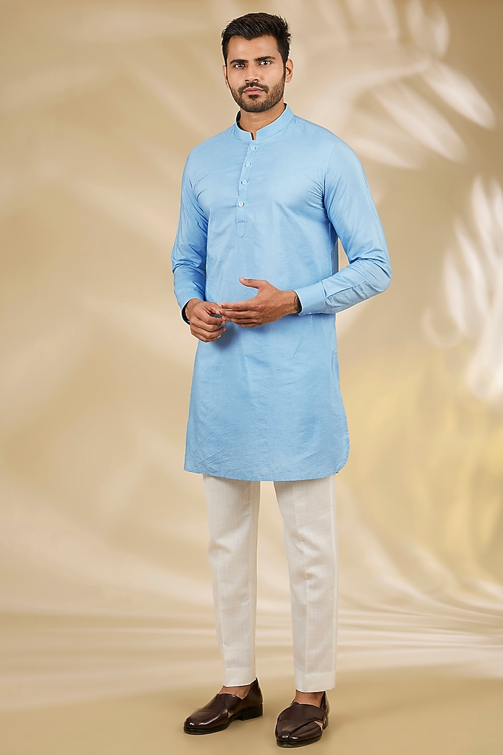 Blue Cotton Silk Printed & Machine Embroidered Bundi Jacket Set by Manish Nagdeo Men at Pernia's Pop Up Shop