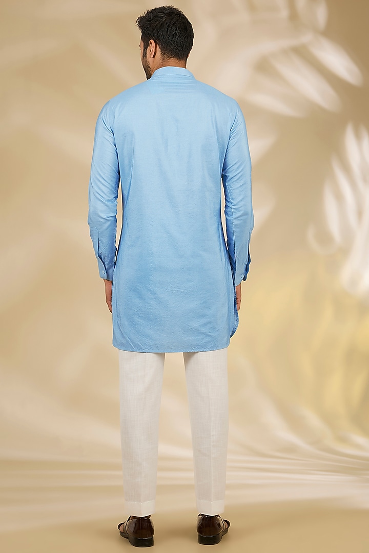 Blue Cotton Silk Printed & Machine Embroidered Bundi Jacket Set by Manish Nagdeo Men at Pernia's Pop Up Shop
