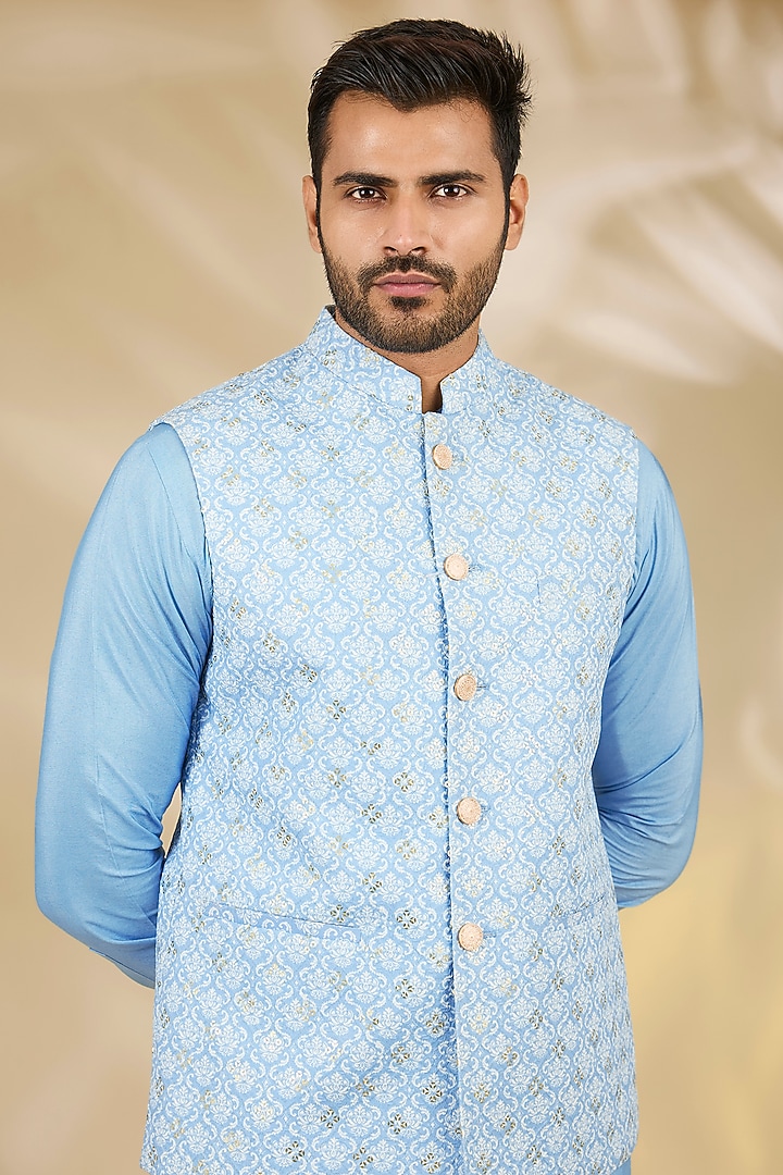 Blue Cotton Silk Printed & Machine Embroidered Bundi Jacket Set by Manish Nagdeo Men at Pernia's Pop Up Shop