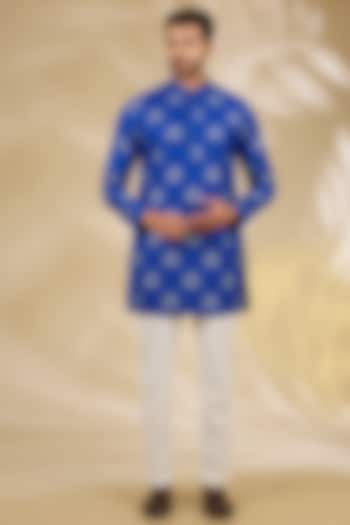 Blue Ruby Silk Hand Block Printed Kurta Set by Manish Nagdeo Men at Pernia's Pop Up Shop