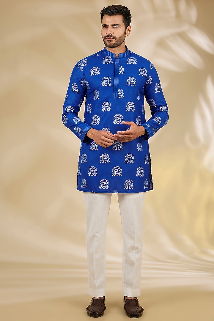 Blue Ruby Silk Hand Block Printed Kurta Set by Manish Nagdeo Men at Pernia's Pop Up Shop