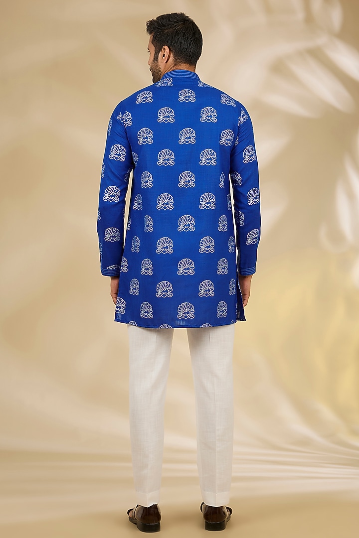 Blue Ruby Silk Hand Block Printed Kurta Set by Manish Nagdeo Men at Pernia's Pop Up Shop