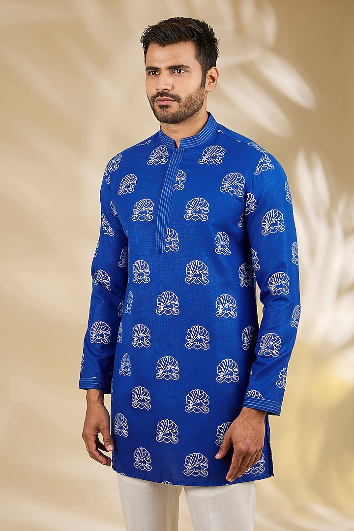 Blue Ruby Silk Hand Block Printed Kurta Set by Manish Nagdeo Men at Pernia's Pop Up Shop