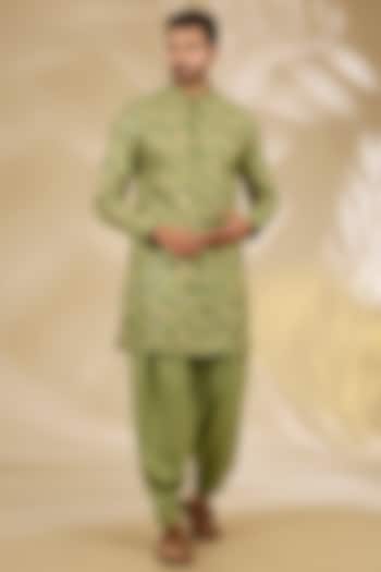 Green Ruby Silk Jaal Printed Kurta Set by Manish Nagdeo Men at Pernia's Pop Up Shop