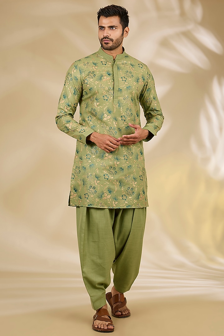 Green Ruby Silk Jaal Printed Kurta Set by Manish Nagdeo Men at Pernia's Pop Up Shop