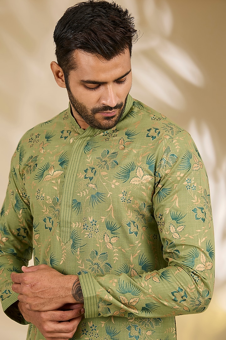 Green Ruby Silk Jaal Printed Kurta Set by Manish Nagdeo Men at Pernia's Pop Up Shop
