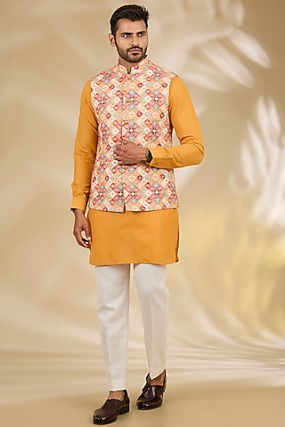 Multi-Colored Ruby Silk Digital Printed Bundi Jacket Set by Manish Nagdeo Men