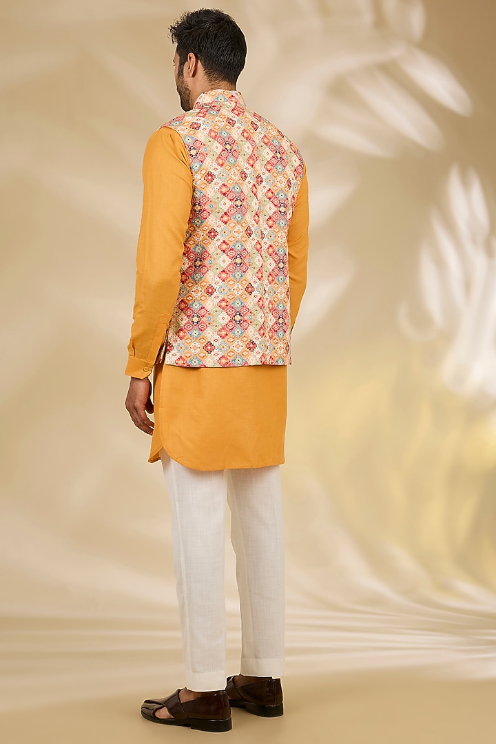 Multi-Colored Ruby Silk Digital Printed Bundi Jacket Set by Manish Nagdeo Men at Pernia's Pop Up Shop