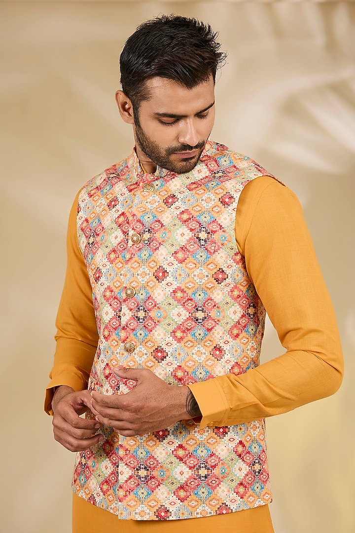 Multi-Colored Ruby Silk Digital Printed Bundi Jacket Set by Manish Nagdeo Men at Pernia's Pop Up Shop