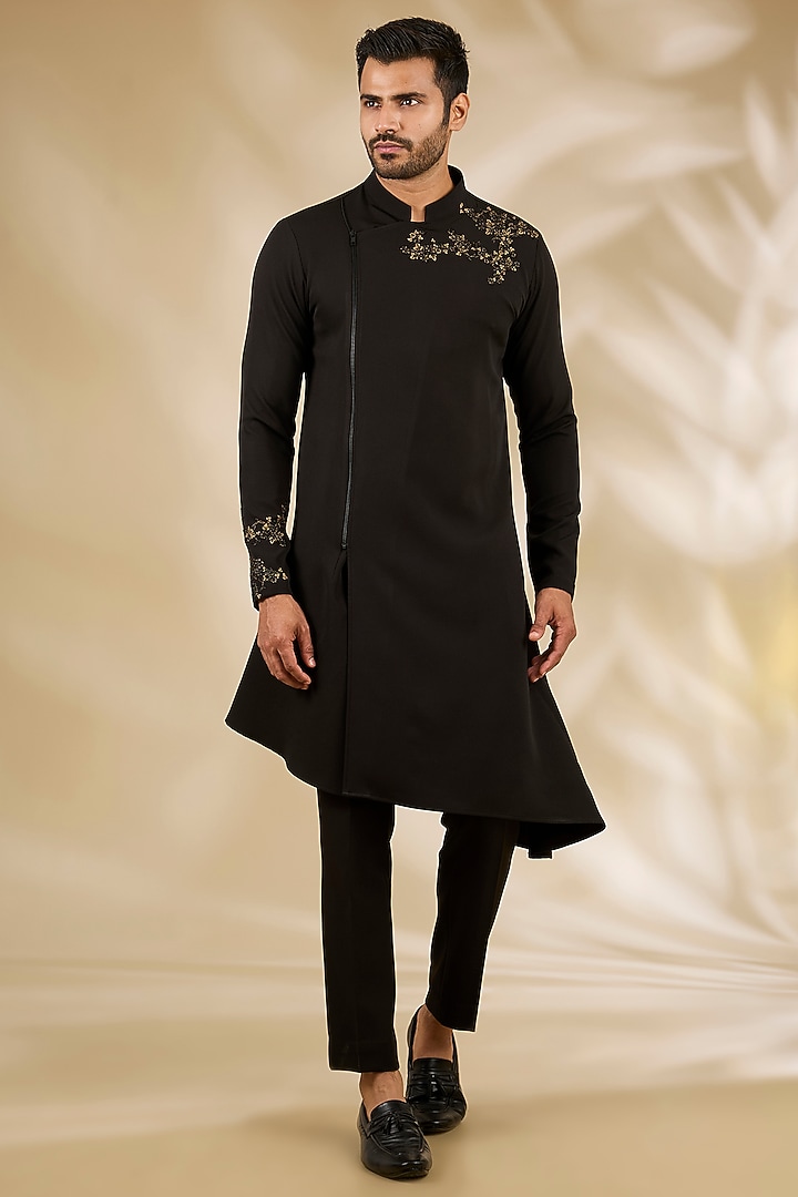 Black Viscose Cutdana Embroidered Kurta Set by Manish Nagdeo Men at Pernia's Pop Up Shop