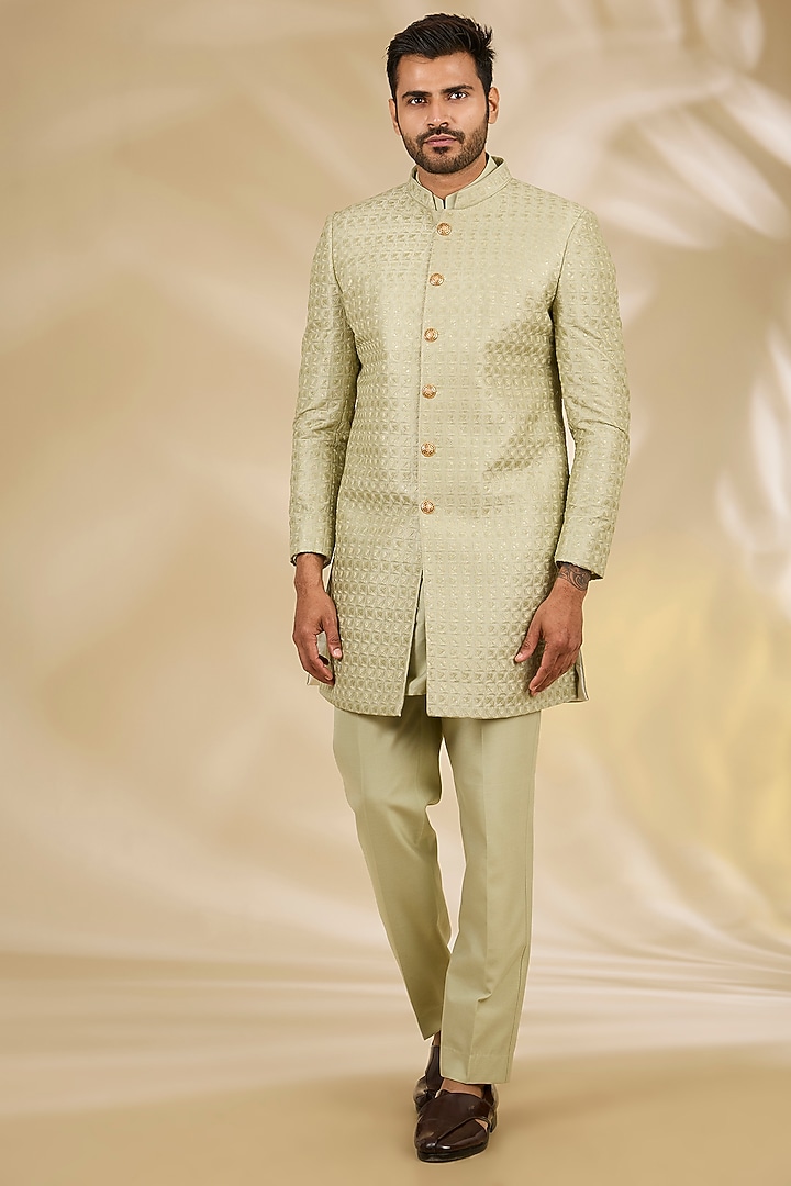 Green Art Silk Thread Embroidered Wedding Sherwani Set by Manish Nagdeo Men at Pernia's Pop Up Shop