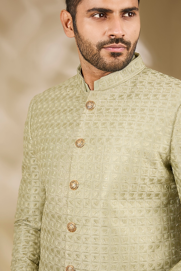 Green Art Silk Thread Embroidered Wedding Sherwani Set by Manish Nagdeo Men at Pernia's Pop Up Shop
