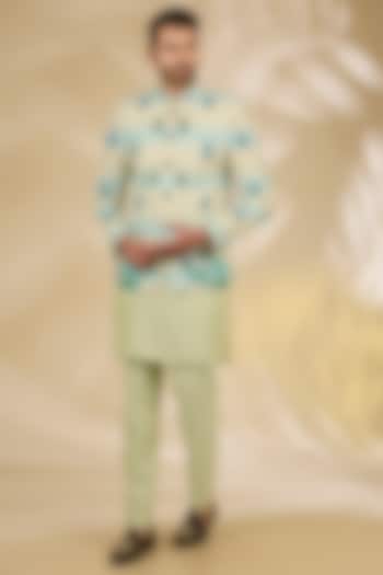 Green Cotton Silk Digital Printed Wedding Bandhgala Set by Manish Nagdeo Men at Pernia's Pop Up Shop