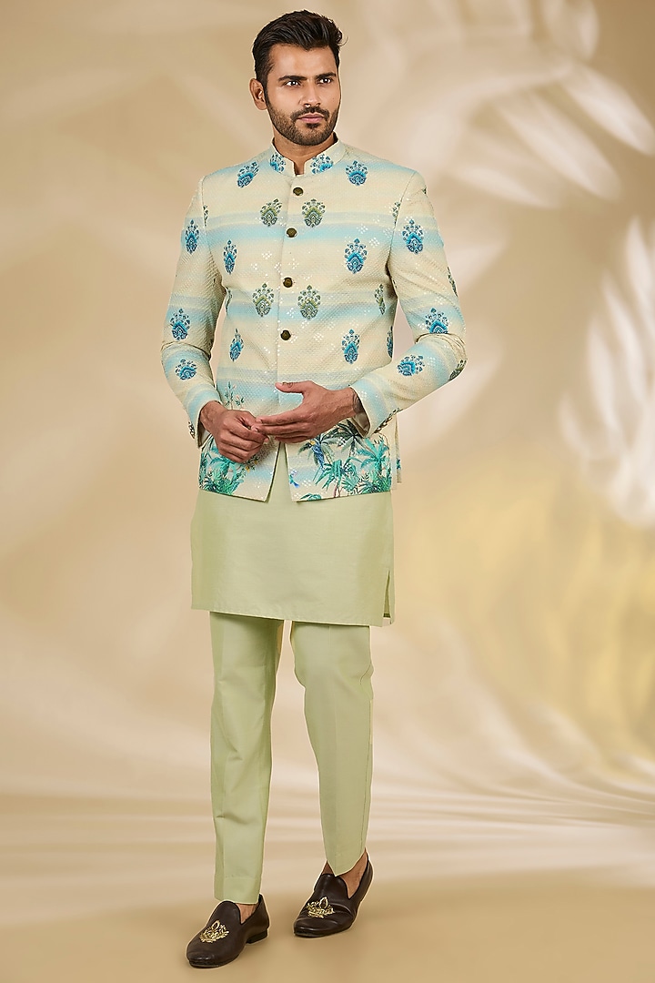 Green Cotton Silk Digital Printed Wedding Bandhgala Set by Manish Nagdeo Men at Pernia's Pop Up Shop