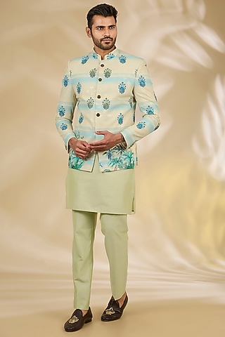 Green Cotton Silk Digital Printed Bandhgala Set by Manish Nagdeo Men
