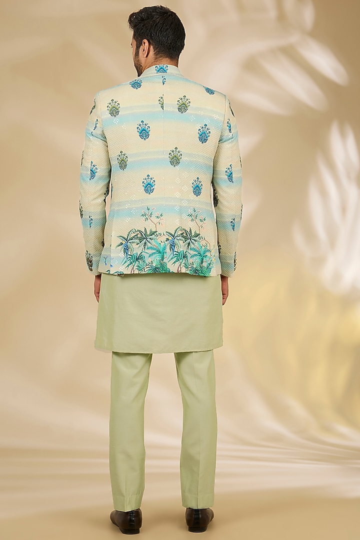 Green Cotton Silk Digital Printed Wedding Bandhgala Set by Manish Nagdeo Men at Pernia's Pop Up Shop