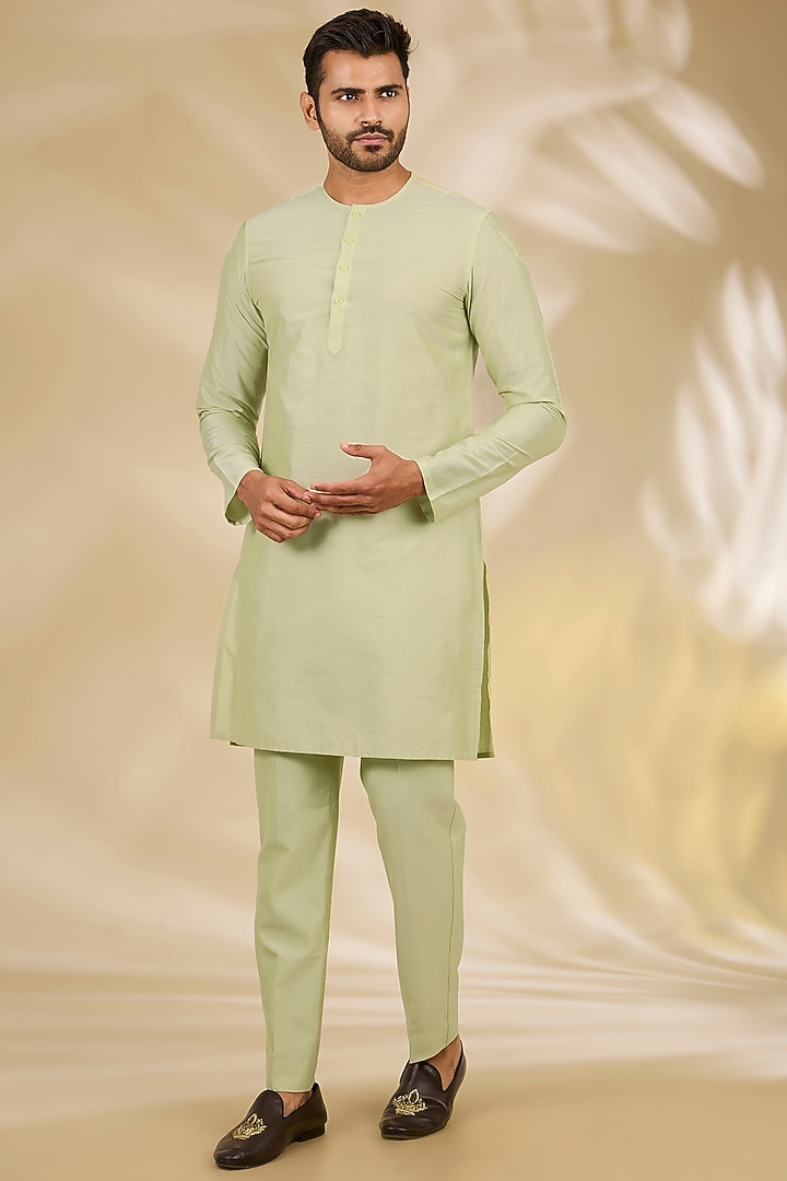 Green Cotton Silk Digital Printed Wedding Bandhgala Set by Manish Nagdeo Men at Pernia's Pop Up Shop