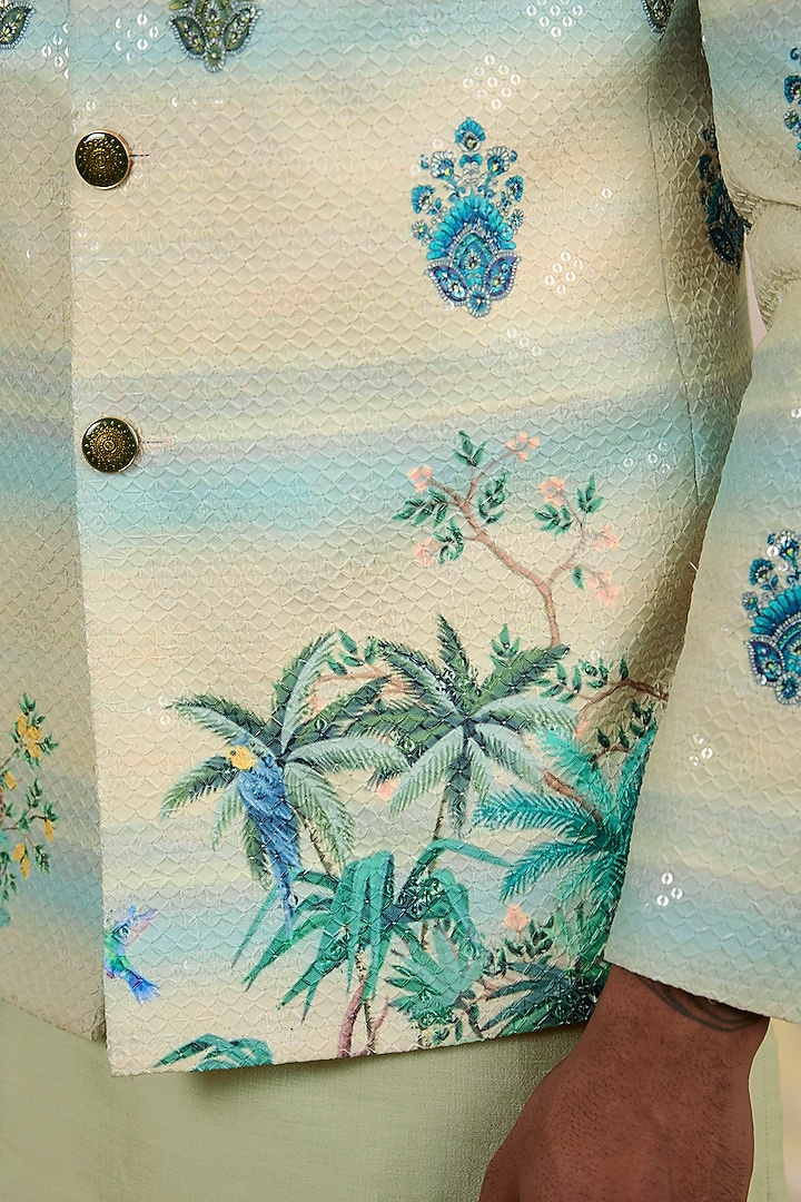 Green Cotton Silk Digital Printed Wedding Bandhgala Set by Manish Nagdeo Men at Pernia's Pop Up Shop