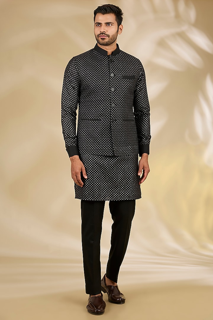 Black Ruby Silk Printed Bundi Jacket Set by Manish Nagdeo Men at Pernia's Pop Up Shop
