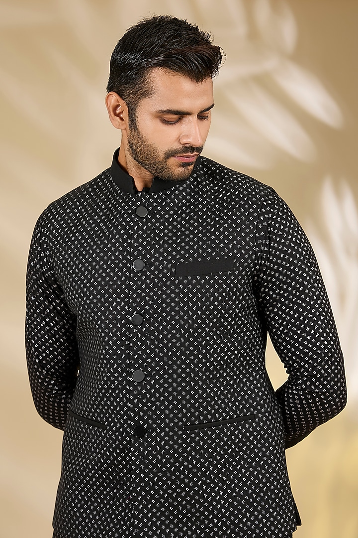 Black Ruby Silk Printed Bundi Jacket Set by Manish Nagdeo Men at Pernia's Pop Up Shop
