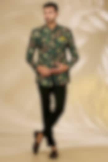 Green Art Silk Digital Printed Wedding Bandhgala Set by Manish Nagdeo Men at Pernia's Pop Up Shop