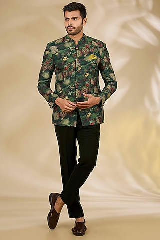 Green Art Silk Digital Printed Bandhgala Set by Manish Nagdeo Men