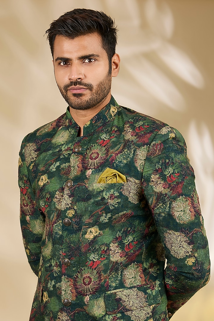 Green Art Silk Digital Printed Wedding Bandhgala Set by Manish Nagdeo Men at Pernia's Pop Up Shop