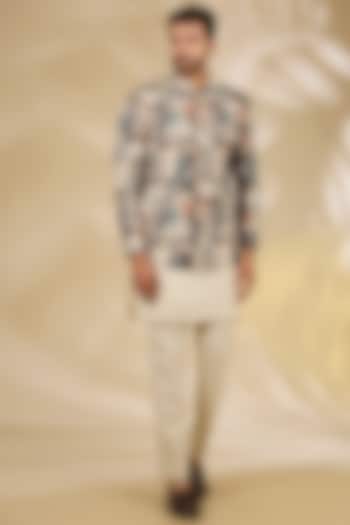 Beige Art Silk Digital Printed Wedding Bandhgala Set by Manish Nagdeo Men at Pernia's Pop Up Shop