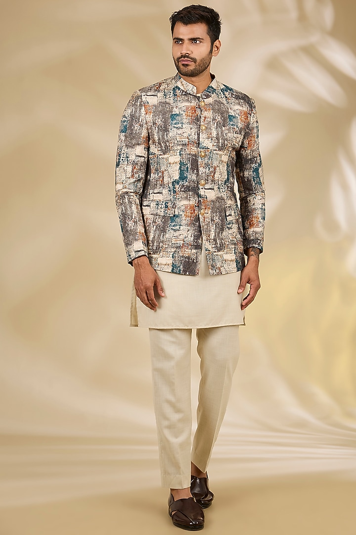 Beige Art Silk Digital Printed Wedding Bandhgala Set by Manish Nagdeo Men at Pernia's Pop Up Shop