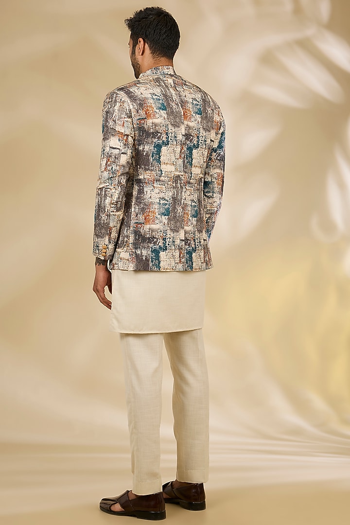 Beige Art Silk Digital Printed Wedding Bandhgala Set by Manish Nagdeo Men at Pernia's Pop Up Shop