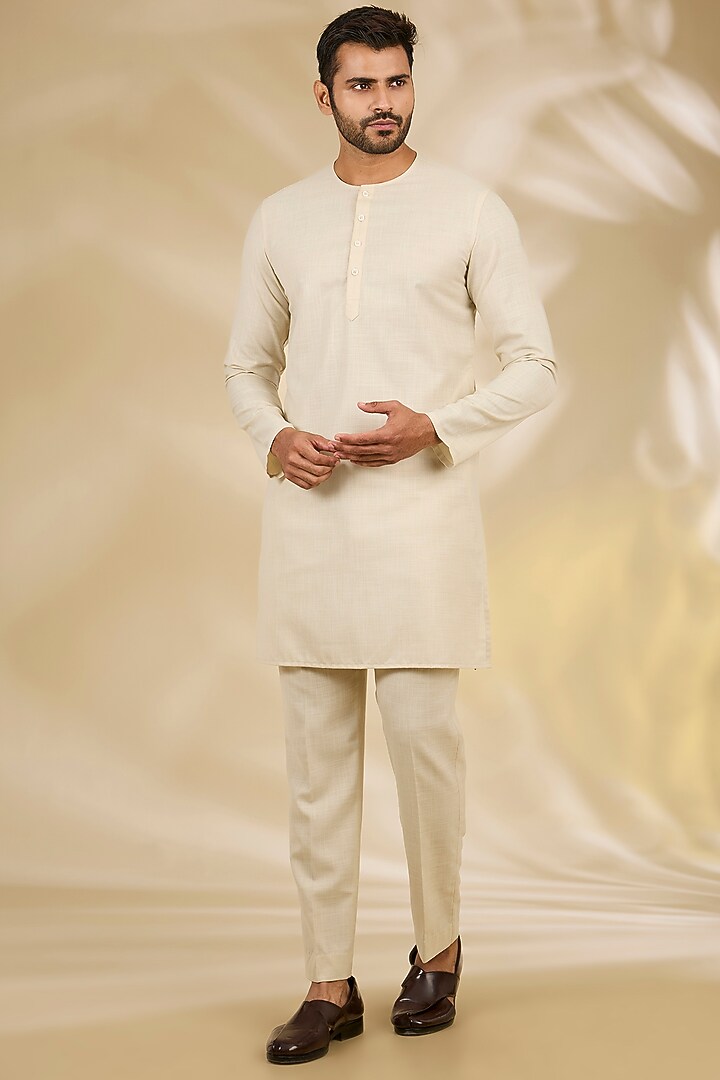 Beige Art Silk Digital Printed Wedding Bandhgala Set by Manish Nagdeo Men at Pernia's Pop Up Shop
