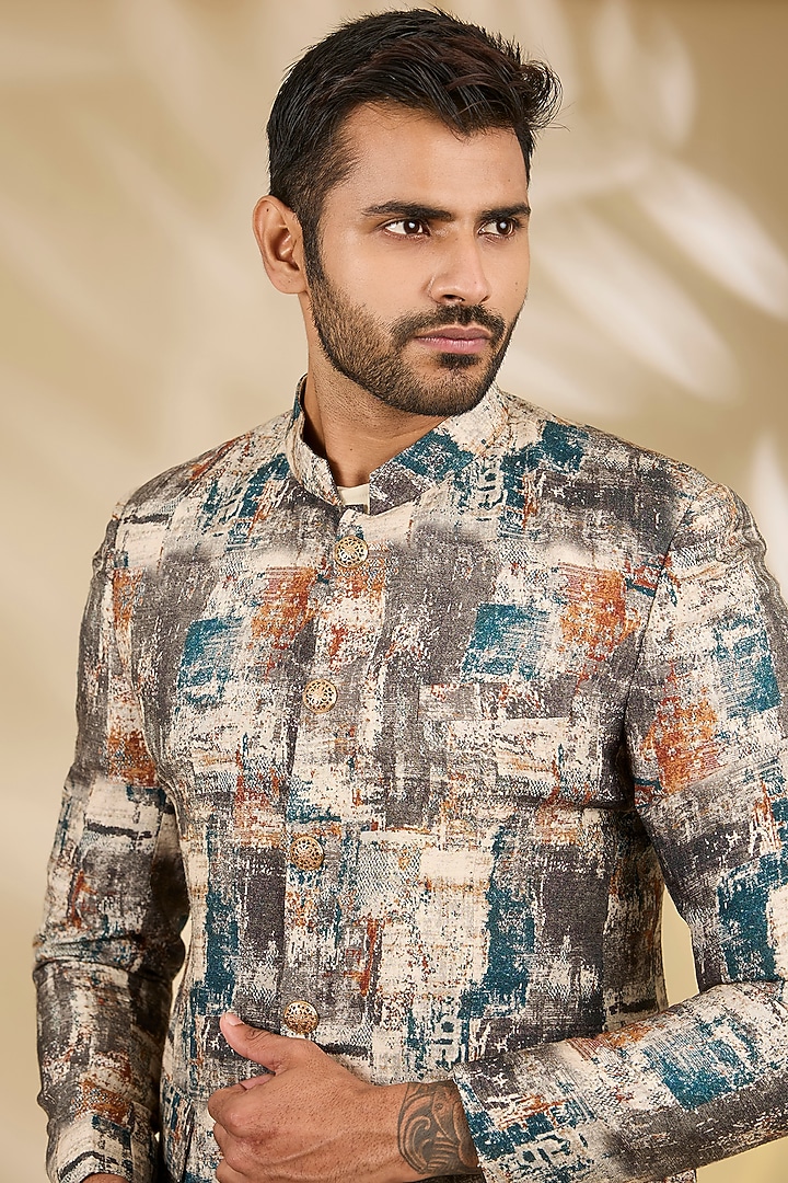 Beige Art Silk Digital Printed Wedding Bandhgala Set by Manish Nagdeo Men at Pernia's Pop Up Shop