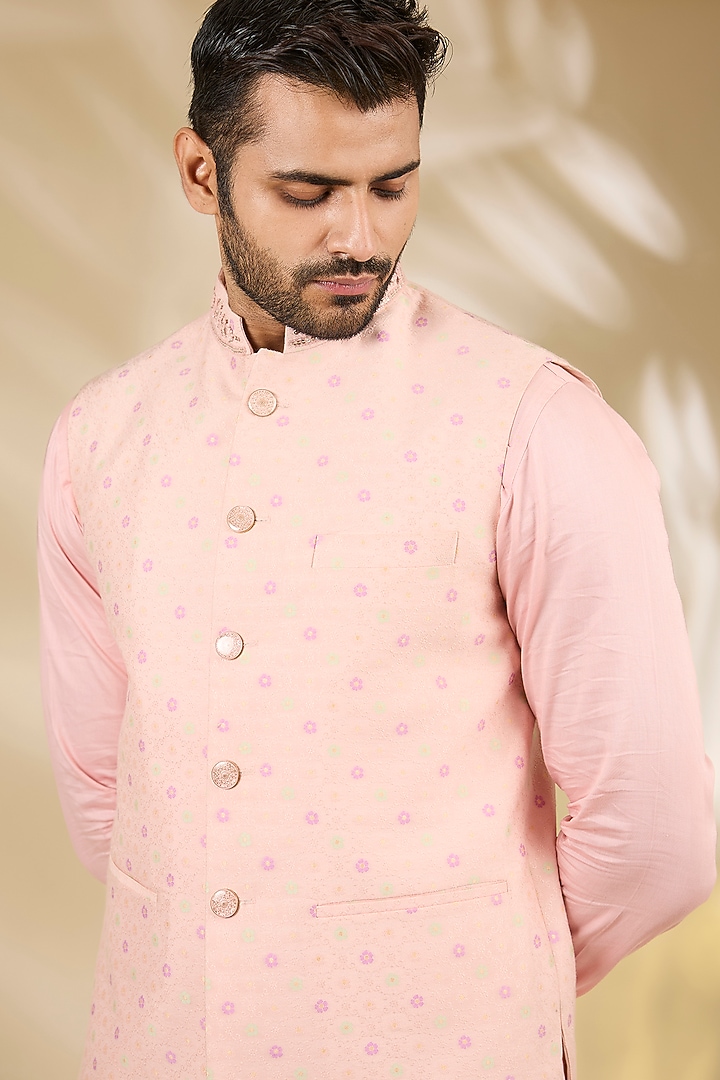 Peach Banarasi Brocade Hand Embroidered Bundi Jacket Set by Manish Nagdeo Men at Pernia's Pop Up Shop