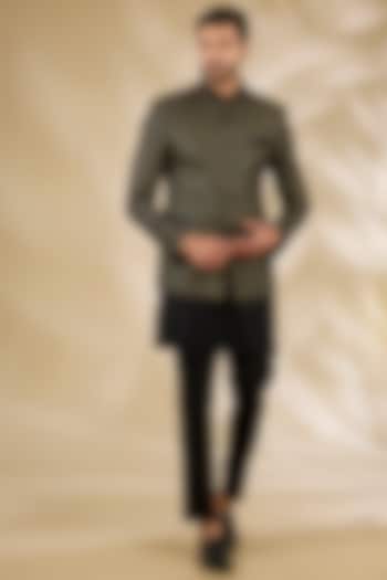 Black Ruby Silk Printed Wedding Bandhgala Set by Manish Nagdeo Men at Pernia's Pop Up Shop