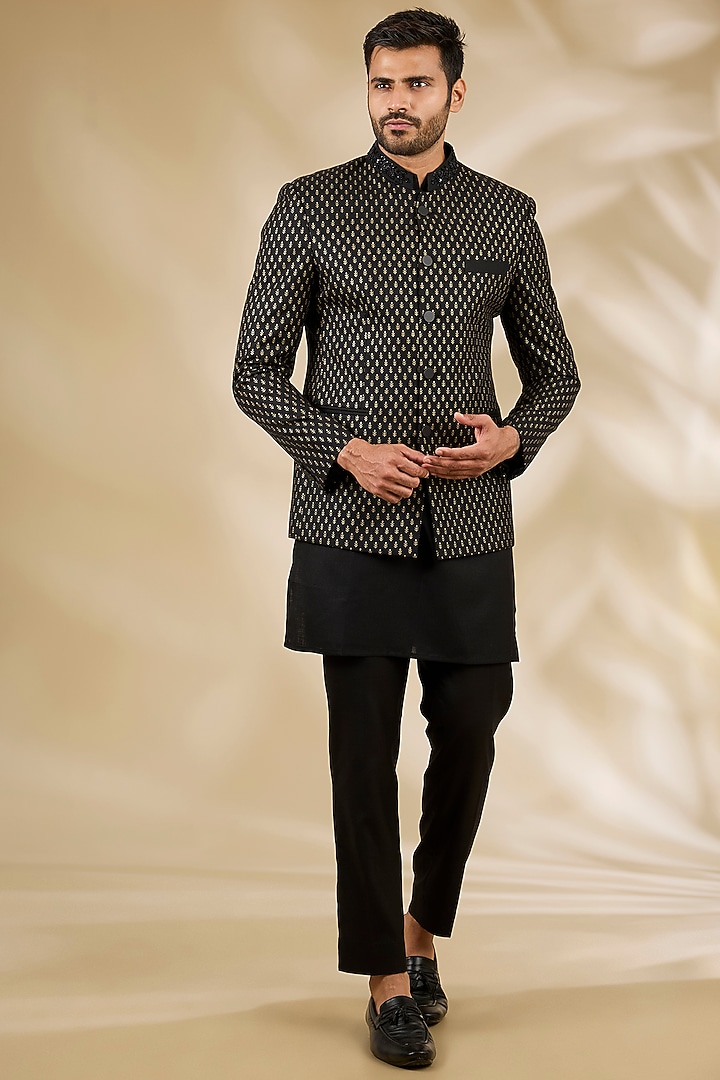 Black Ruby Silk Printed Wedding Bandhgala Set by Manish Nagdeo Men at Pernia's Pop Up Shop