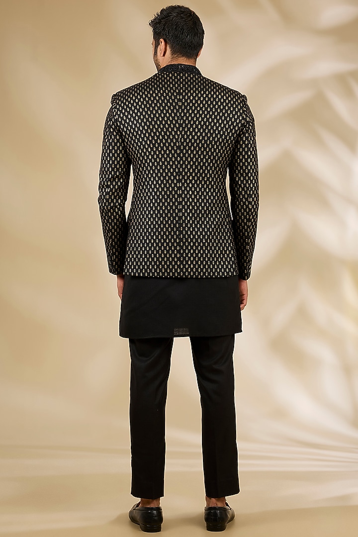 Black Ruby Silk Printed Wedding Bandhgala Set by Manish Nagdeo Men at Pernia's Pop Up Shop