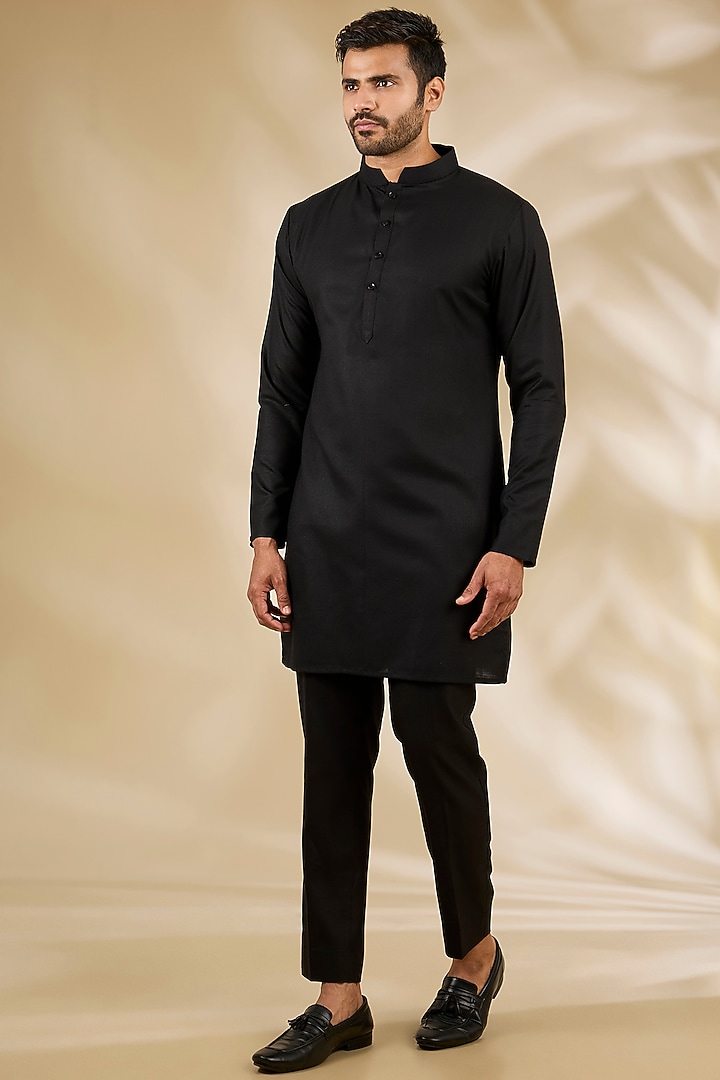 Black Ruby Silk Printed Wedding Bandhgala Set by Manish Nagdeo Men at Pernia's Pop Up Shop