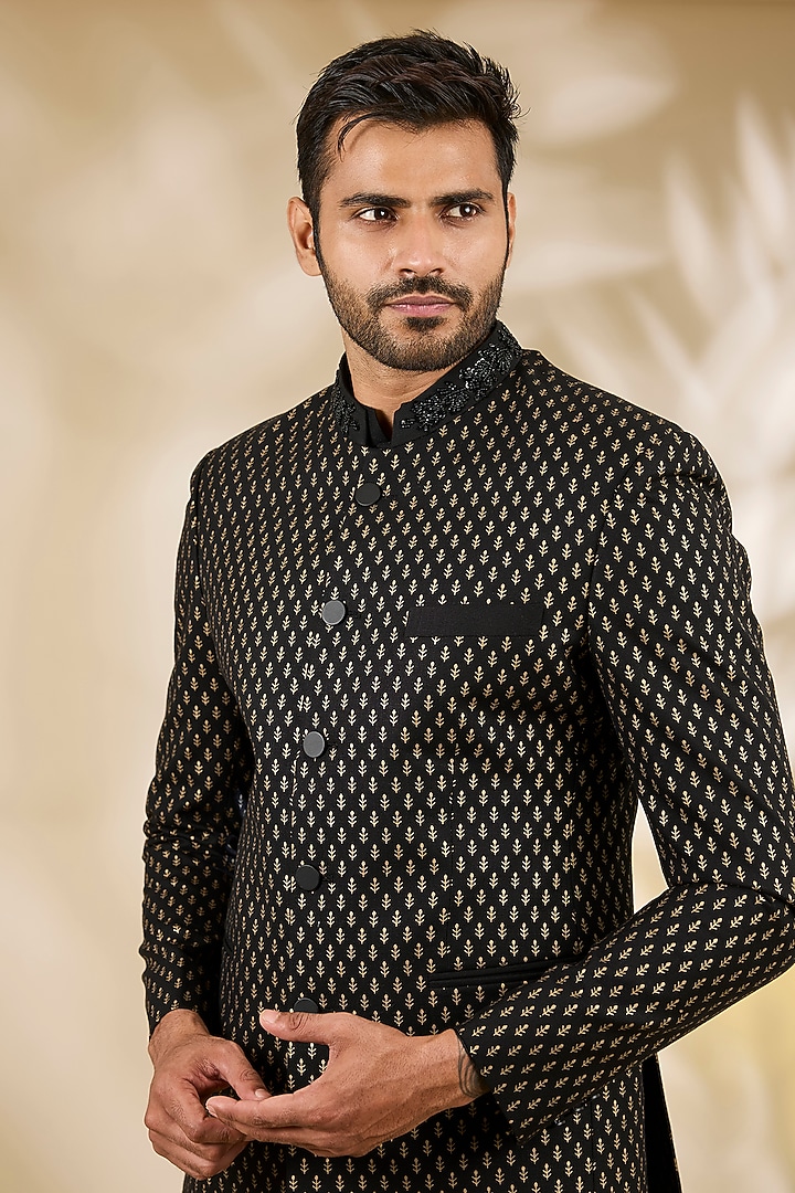 Black Ruby Silk Printed Wedding Bandhgala Set by Manish Nagdeo Men at Pernia's Pop Up Shop
