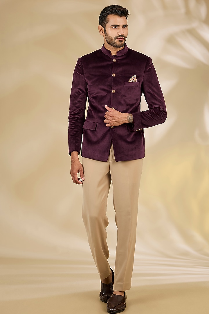 Wine Velvet Wedding Bandhgala Set by Manish Nagdeo Men at Pernia's Pop Up Shop