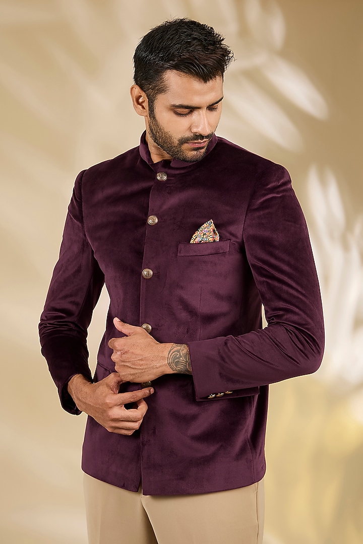 Wine Velvet Wedding Bandhgala Set by Manish Nagdeo Men at Pernia's Pop Up Shop