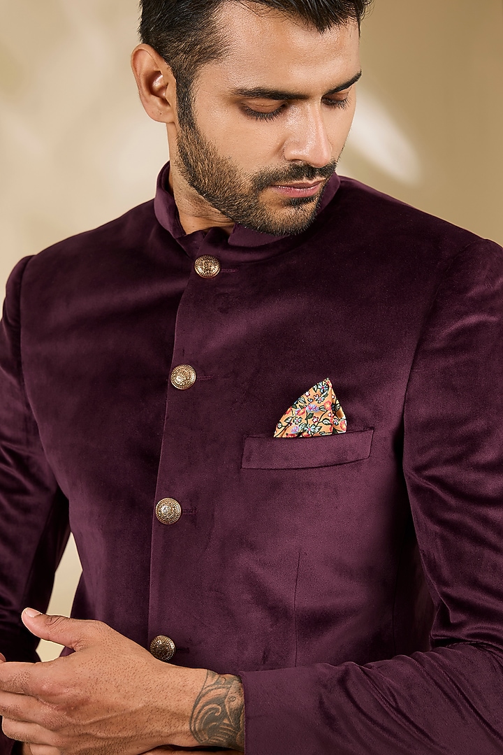 Wine Velvet Wedding Bandhgala Set by Manish Nagdeo Men at Pernia's Pop Up Shop