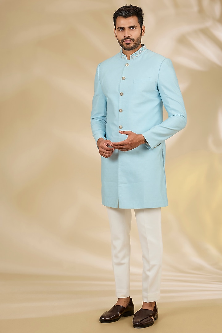 Blue Brocade Hand Embroidered Wedding Sherwani Set by Manish Nagdeo Men at Pernia's Pop Up Shop
