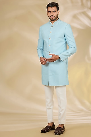 Blue Brocade Hand Embroidered Sherwani Set by Manish Nagdeo Men