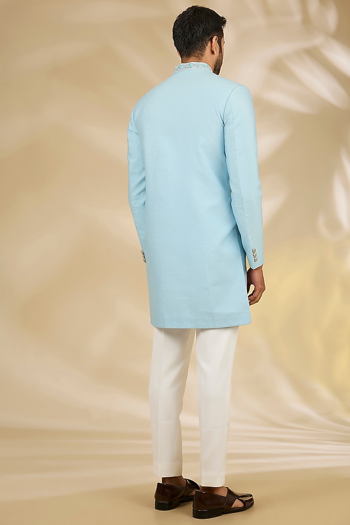 Blue Brocade Hand Embroidered Wedding Sherwani Set by Manish Nagdeo Men at Pernia's Pop Up Shop
