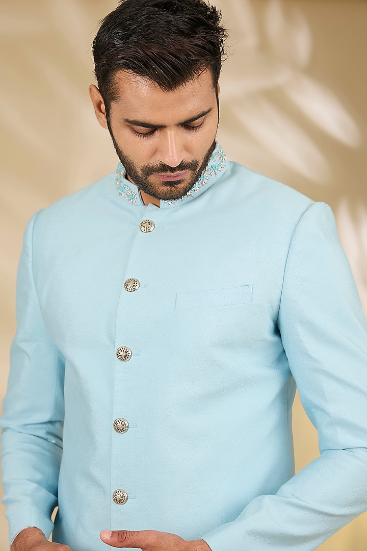 Blue Brocade Hand Embroidered Wedding Sherwani Set by Manish Nagdeo Men at Pernia's Pop Up Shop